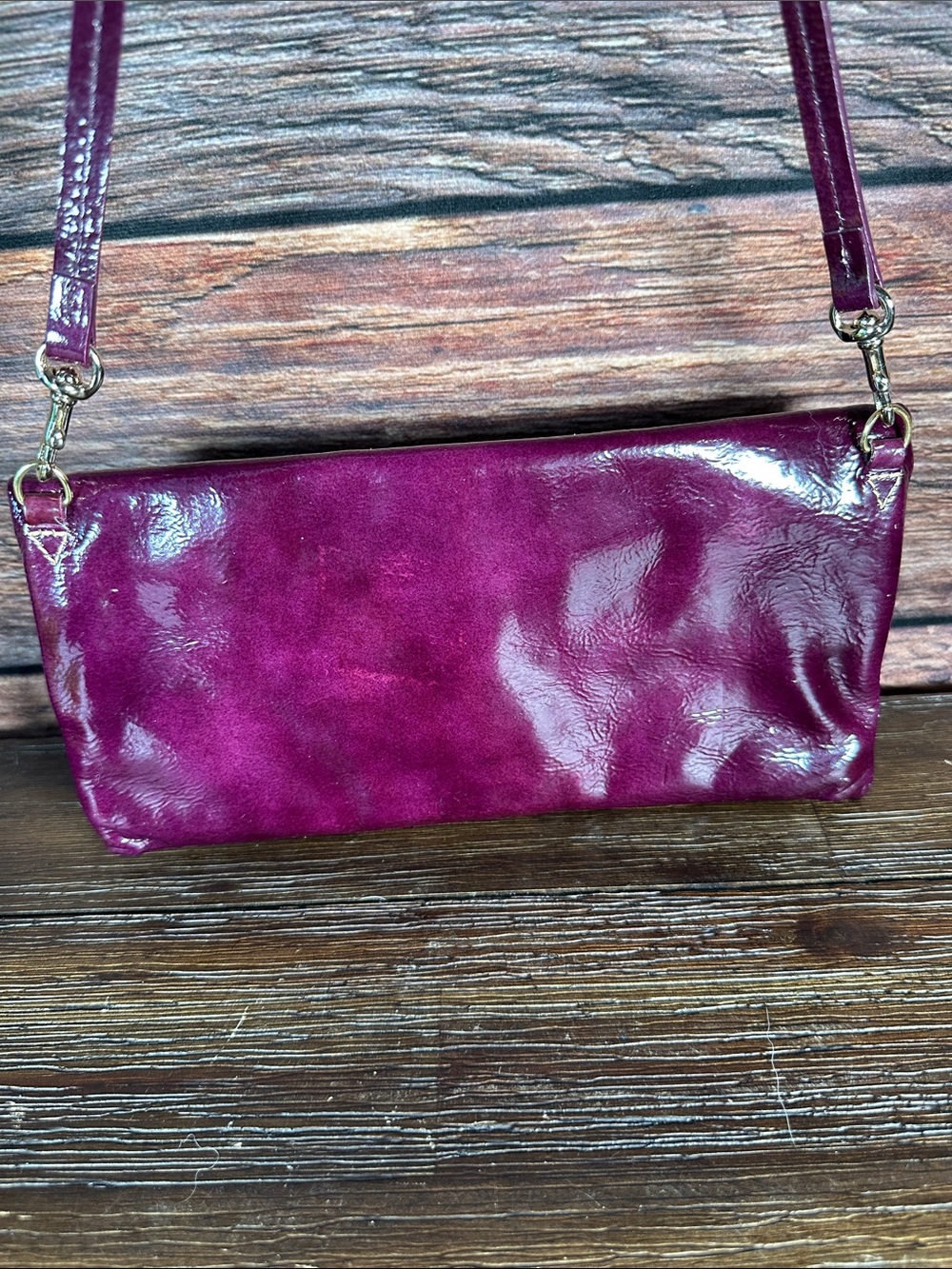 Dooney & Bourke Plum Patent Leather Fold-Over Clutch Shoulder Bag - Picture 3 of 10